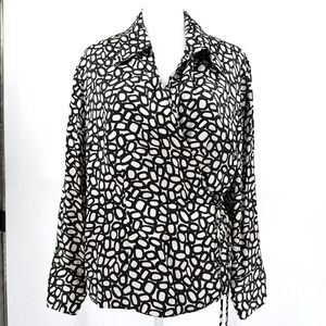 Vintage ICE 100% Silk Black White Blouse Geometric Print Long Sleeve Side Tie